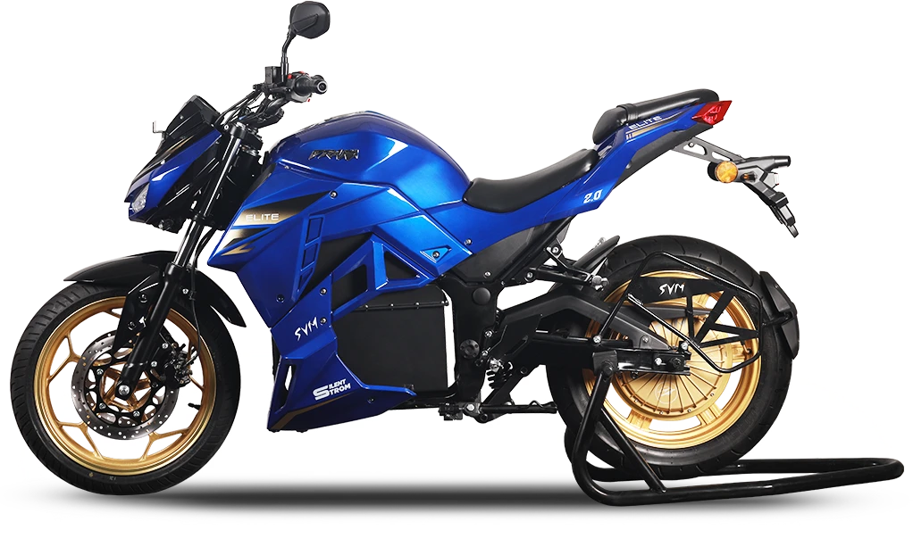 SVM Prana 2.0 Elite electric motorbike, storm blue with gold wheels